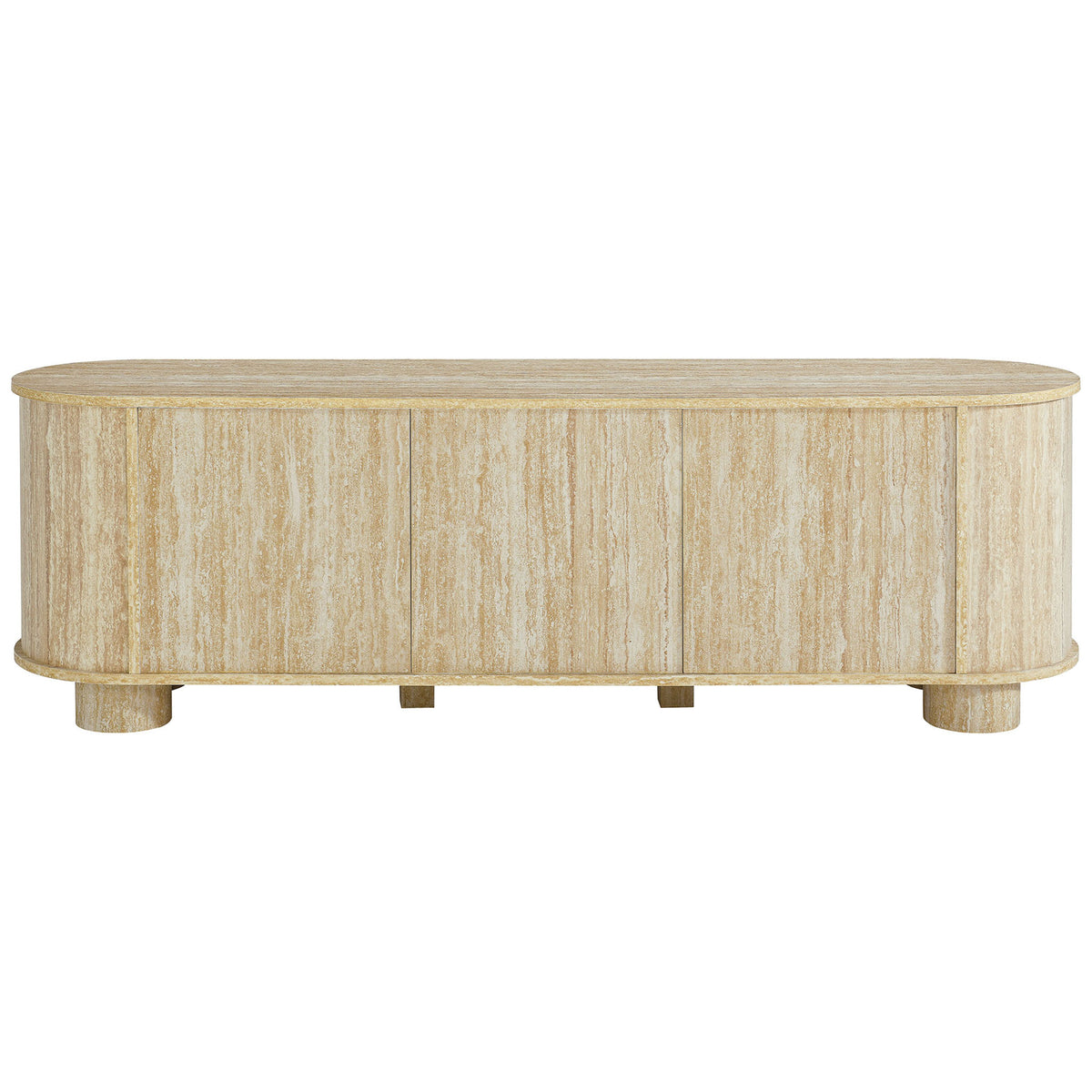 Travertine-look media cabinet featuring three seamless push-to-open doors for a clean facade || EEI-7016-TRA || front_studio