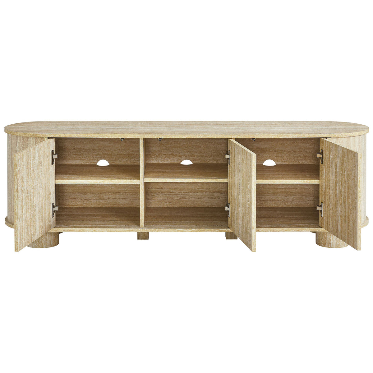 TV stand with all three cabinet doors open revealing adjustable shelving and cable cutouts || EEI-7016-TRA || front_open_studio