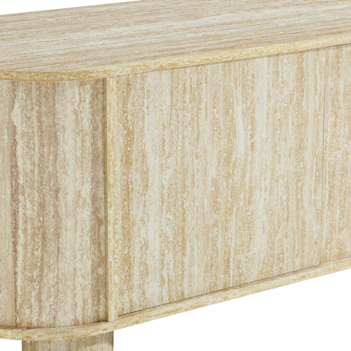 Faux travertine finish and softly rounded edges highlighted on the Overture TV stand || EEI-7016-TRA || detail_studio