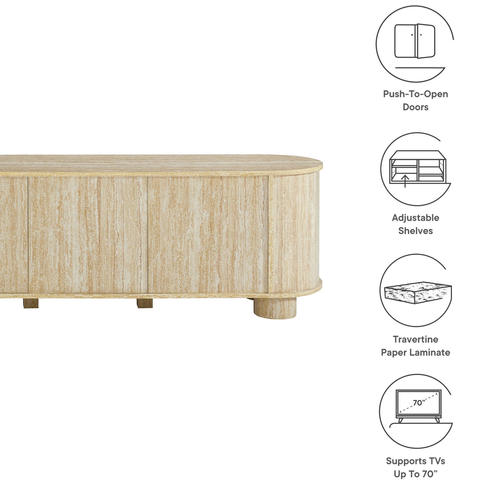 Faux travertine TV stand with icons highlighting push-to-open doors, adjustable shelves, and TV support || EEI-7016-TRA || callout_studio
