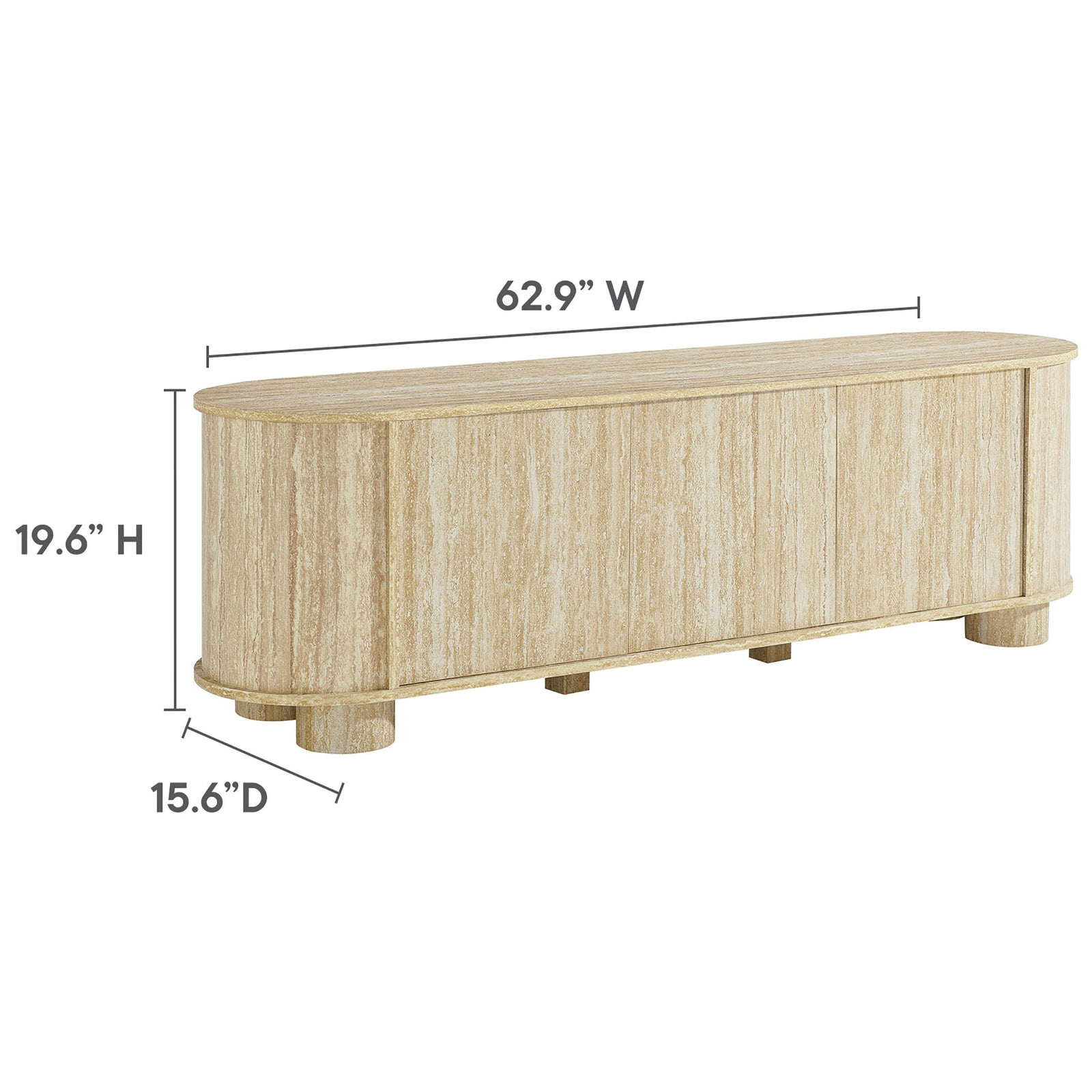 Faux travertine TV stand with measurements showing width, height, and depth for TV and media storage || EEI-7016-TRA || dimension_studio