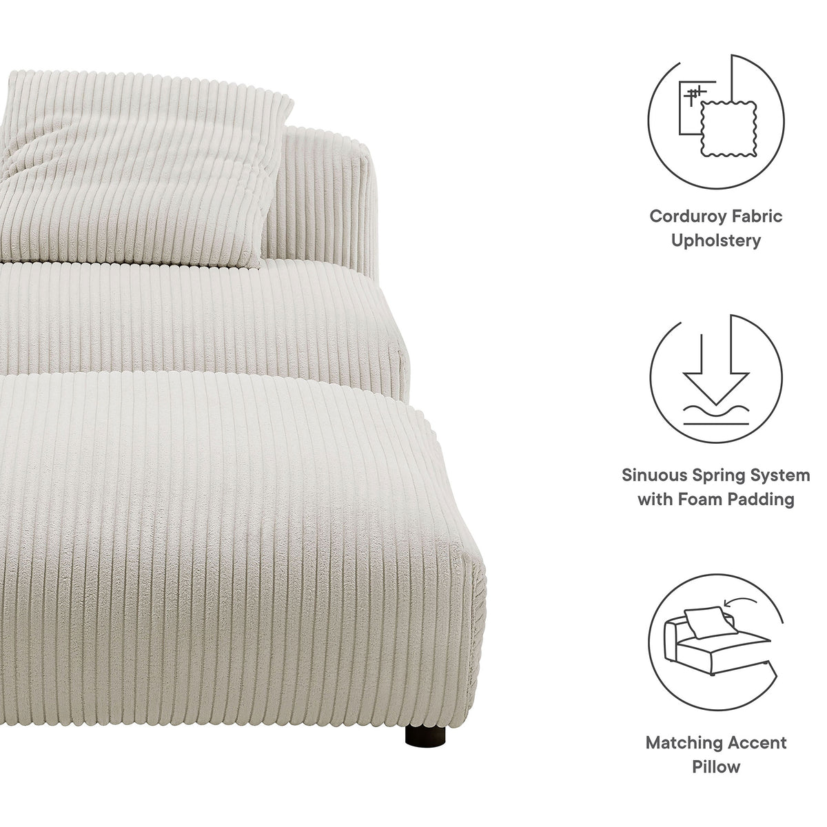 Corduroy upholstery with sinuous spring support and a matching accent pillow for added comfort || EEI-7022-ALM || callout_studio