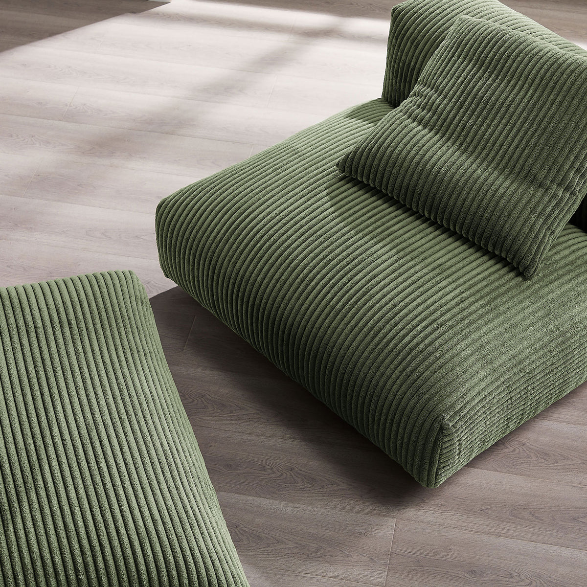 Soft ribbed corduroy texture in fern green with generous cushioning for cozy, laid-back lounging || EEI-7022-FRN || detail_room