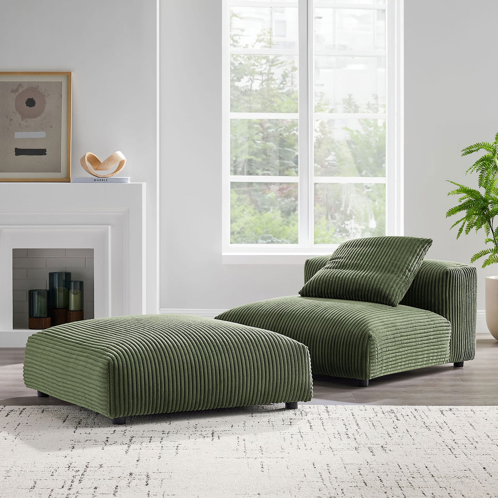 Modern modular armless chair and ottoman in fern corduroy refresh the living room with easygoing comfort || EEI-7022-FRN || front_angle_room