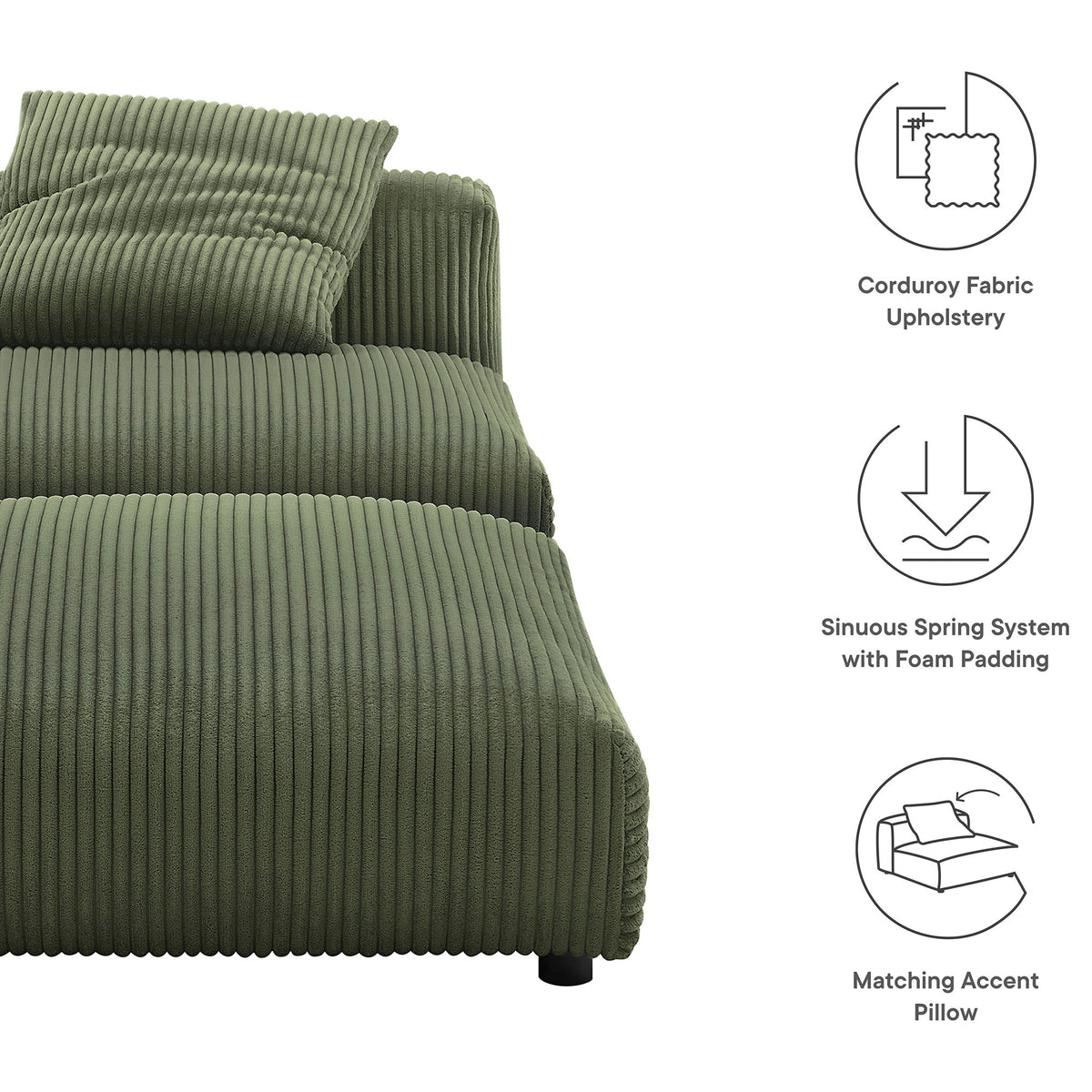 Corduroy upholstery, sinuous spring support, and a matching pillow emphasize comfort and durability || EEI-7022-FRN || callout_studio