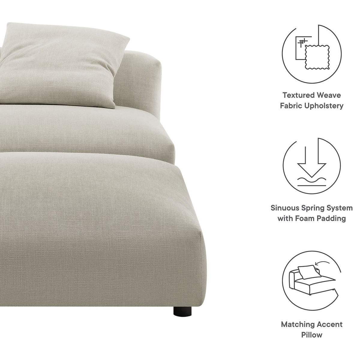 Textured weave upholstery, dense foam, and sinuous springs with a matching accent pillow || EEI-7023-LIN || callout_studio