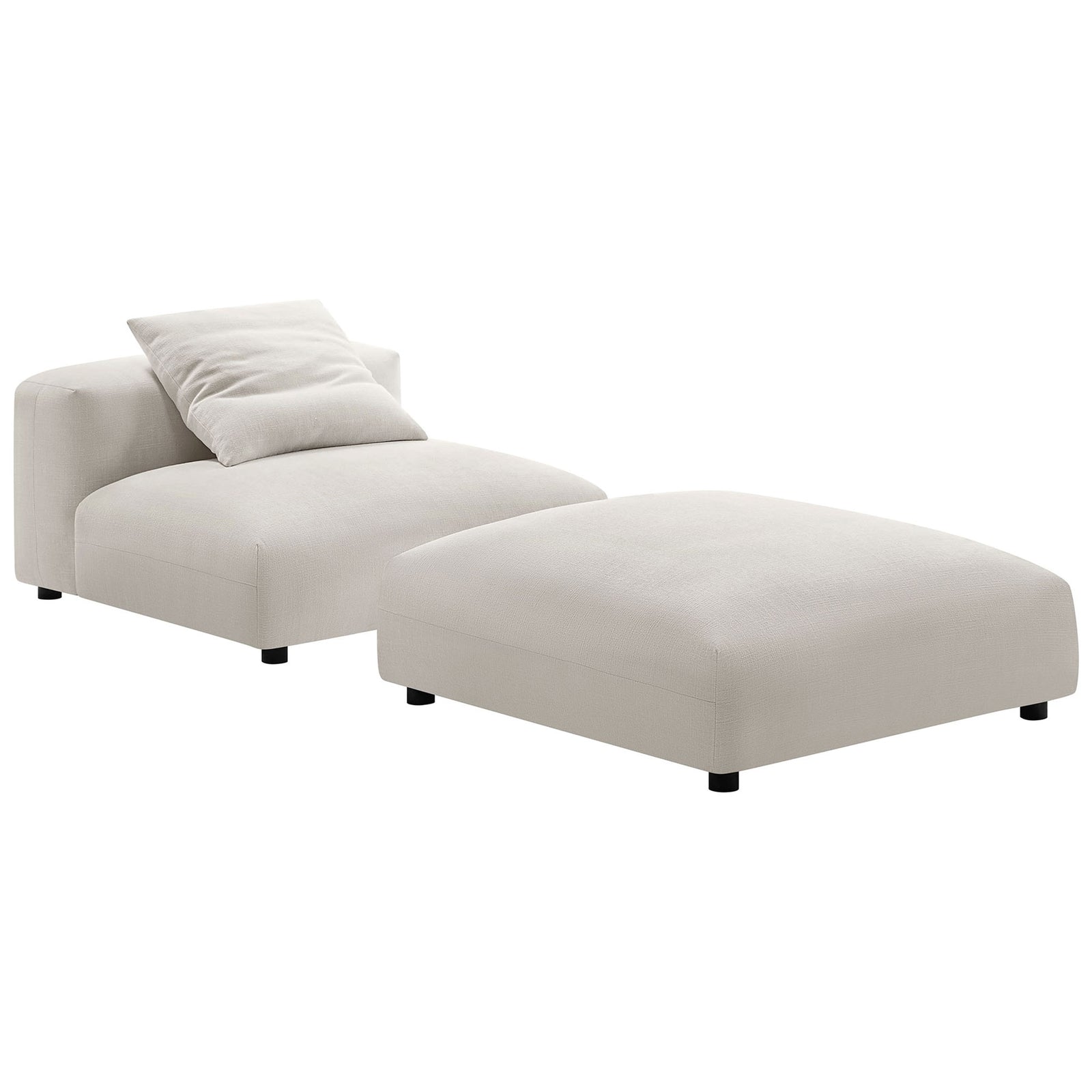 Low-profile armless chair with matching oversized ottoman in soft textured salt fabric, finished with a plush pillow || EEI-7023-SAL || front_angle_studio