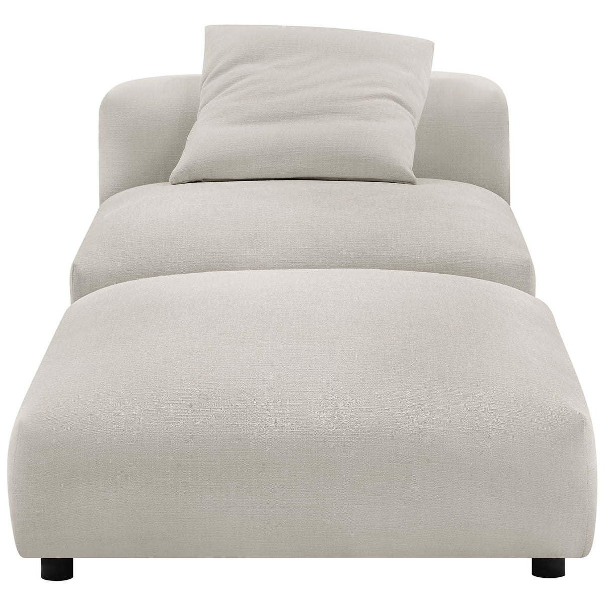 Generous ottoman pairs with the cozy armless chair, upholstered in soft salt textured weave with low feet || EEI-7023-SAL || front_studio