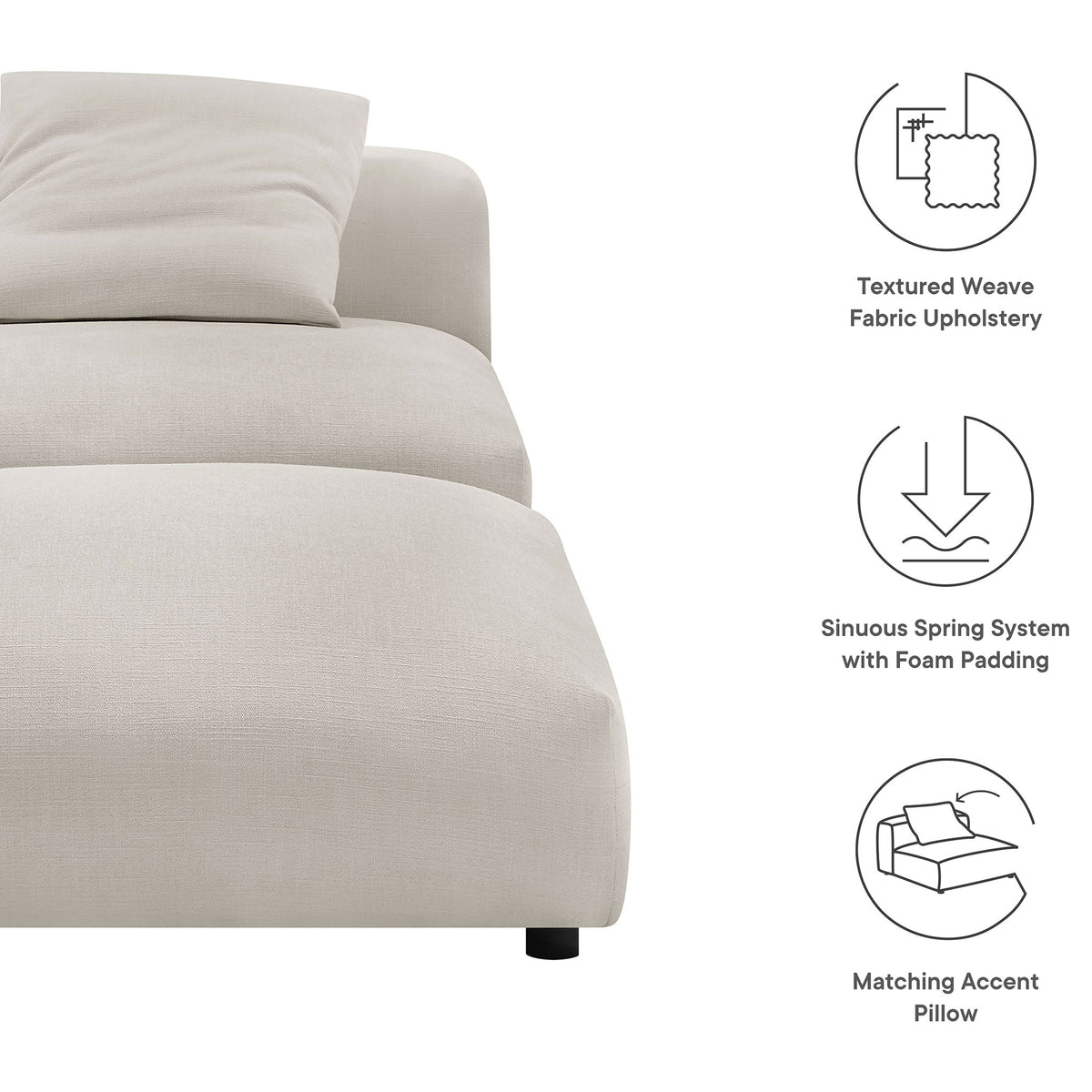 Textured weave fabric, sinuous spring support, and a matching accent pillow for laid-back lounging || EEI-7023-SAL || callout_studio