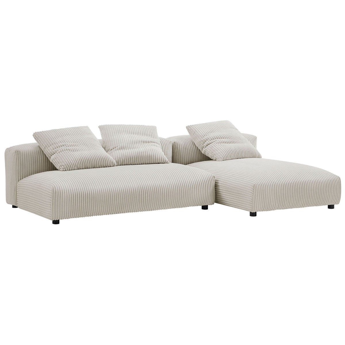 Almond corduroy modular sectional with chaise and three loose pillows for relaxed lounging || EEI-7024-ALM || front_angle_studio