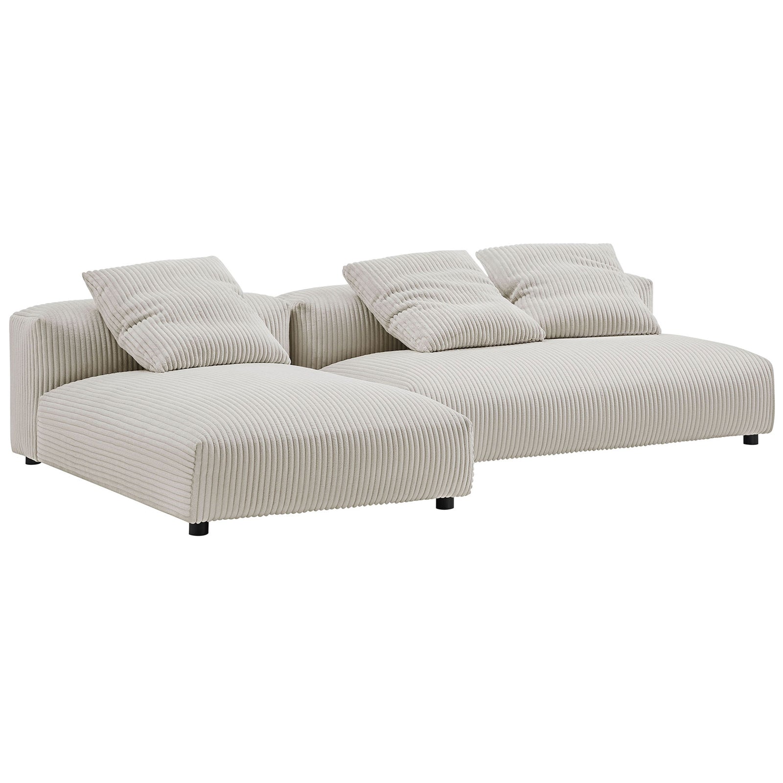 Reconfigurable almond corduroy sectional with chaise and pillows for flexible living room seating || EEI-7024-ALM || front_angle_studio