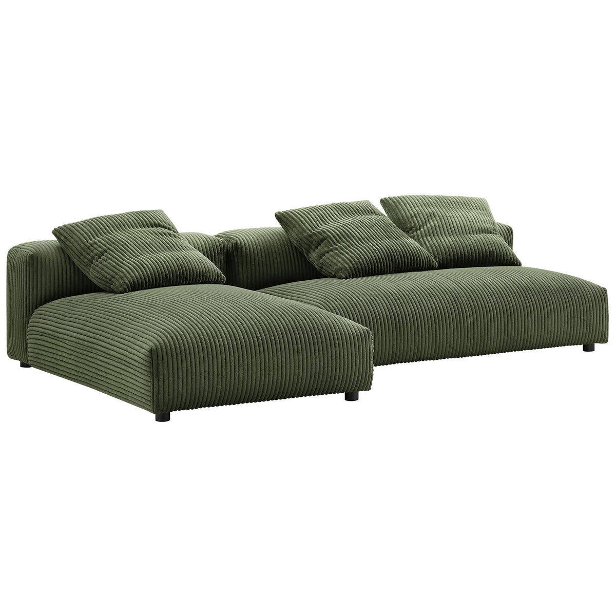 Fern green corduroy modular sectional with left chaise and coordinating accent pillows || EEI-7024-FRN || front_angle_studio