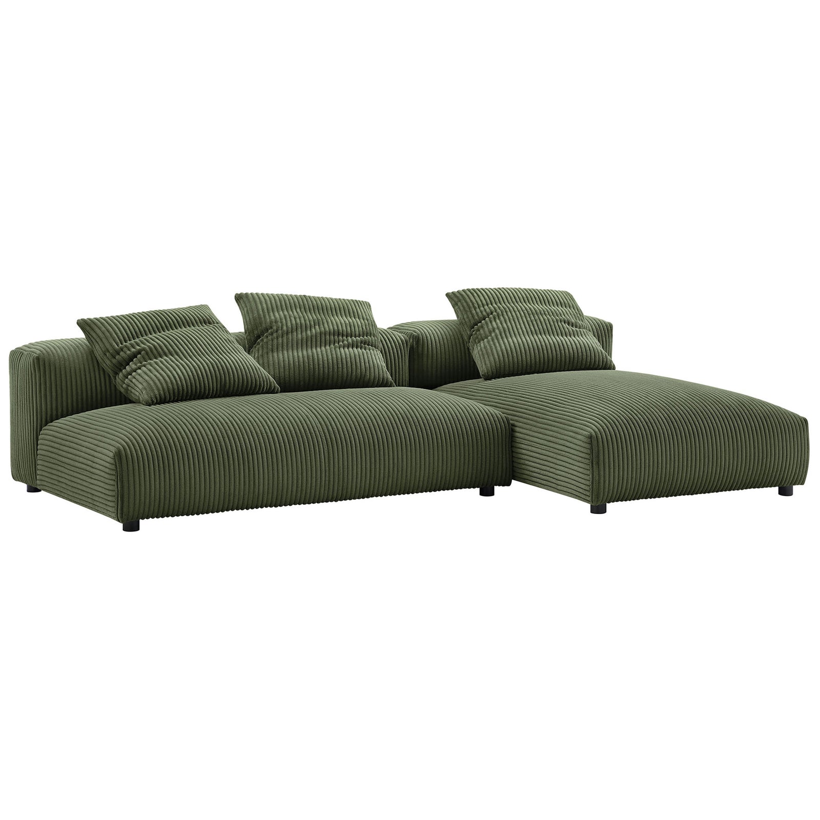 Fern green corduroy modular sectional with right chaise and coordinating accent pillows || EEI-7024-FRN || front_angle_studio