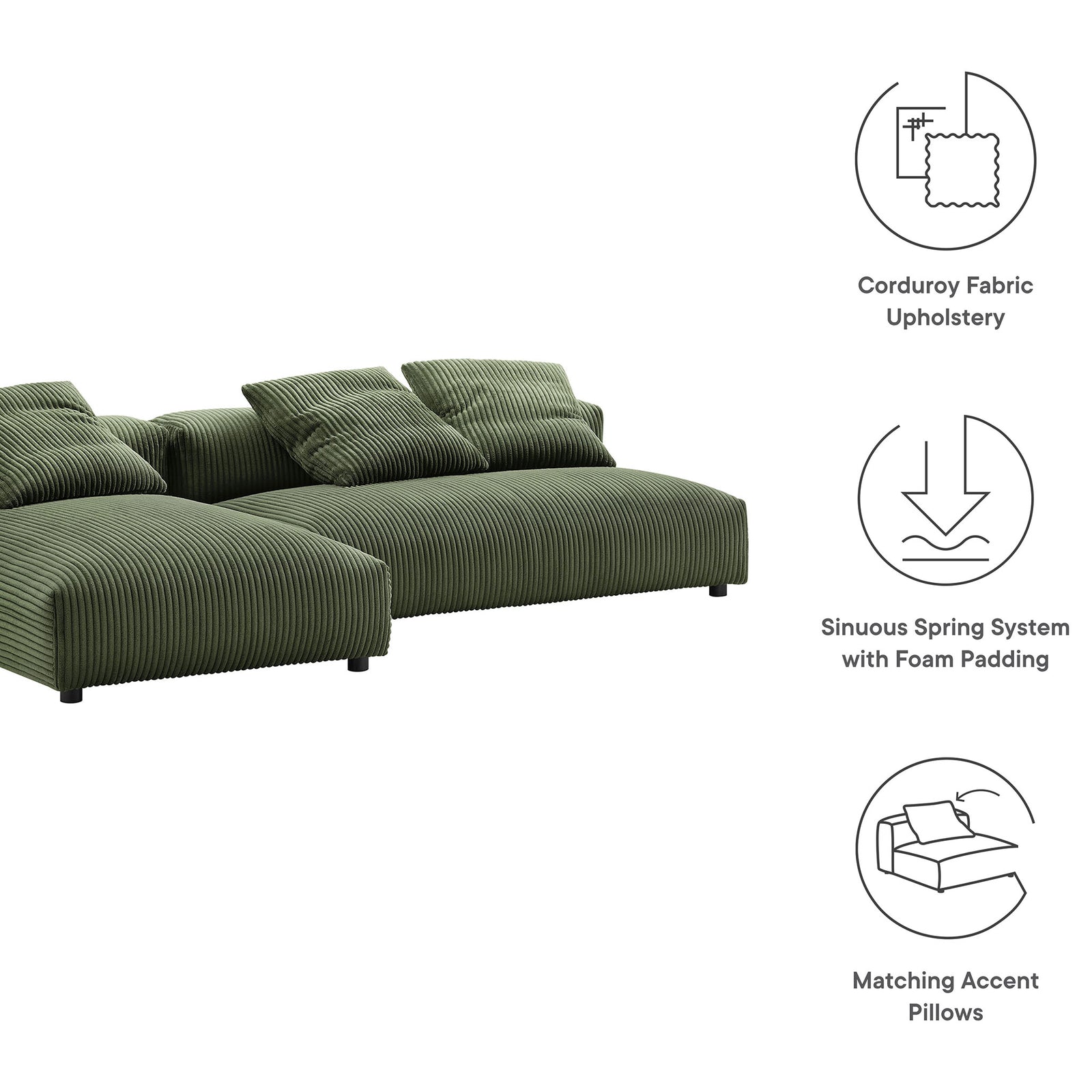 Fern corduroy sectional with chaise shown with icons highlighting fabric, support, and pillows || EEI-7024-FRN || callout_studio