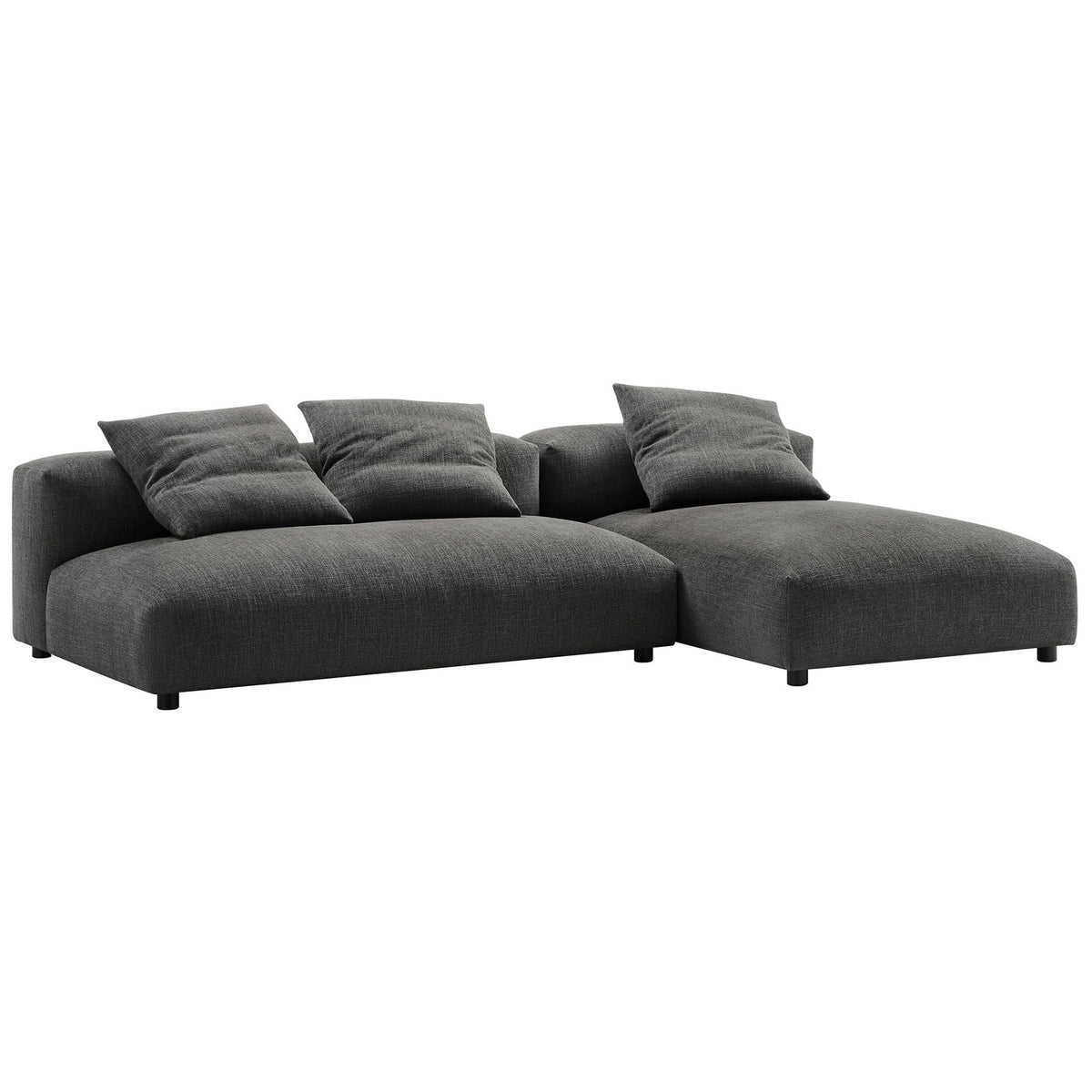 Charcoal modular sectional sofa with chaise and deep, low-profile seats for relaxed lounging. || EEI-7025-CHA || front_angle_studio
