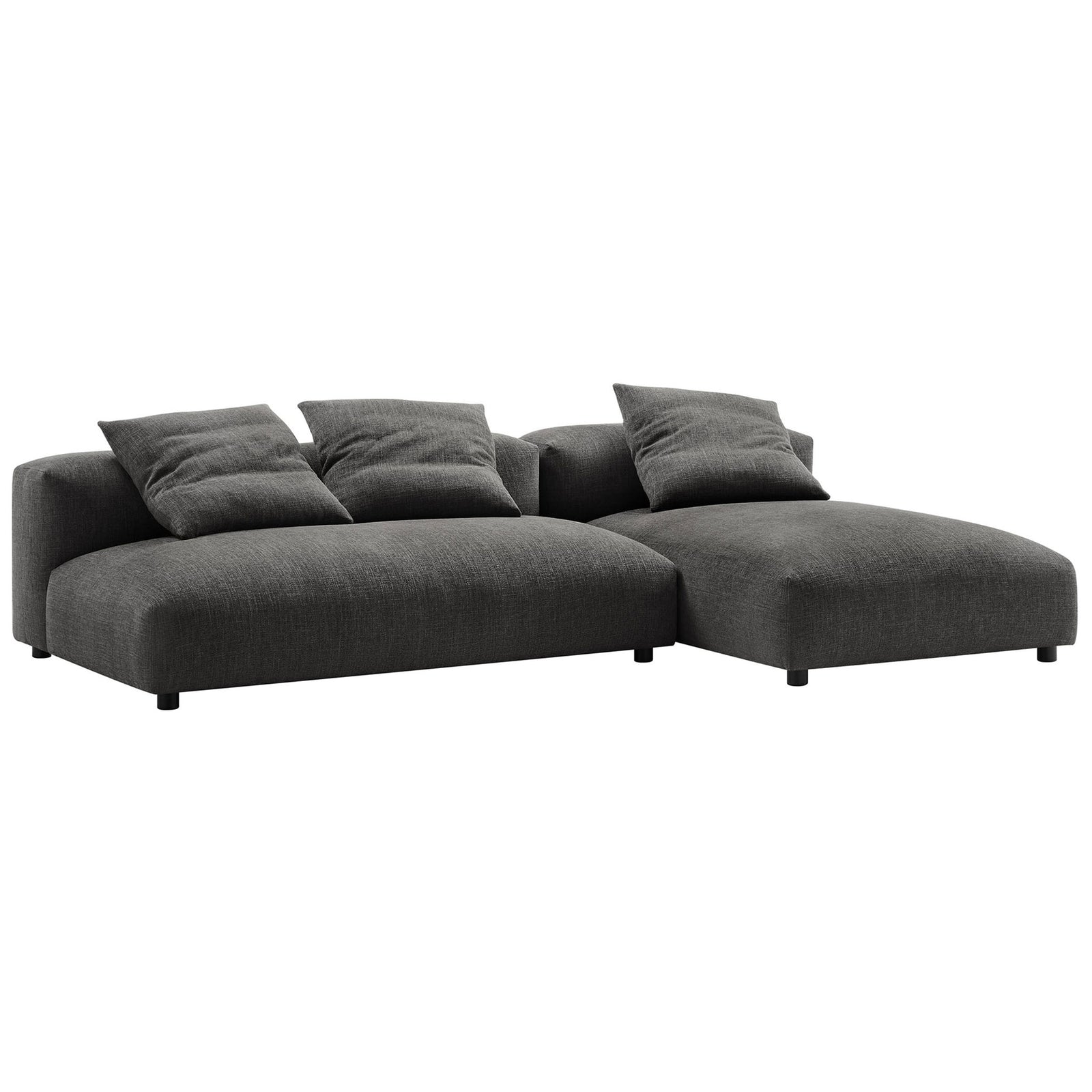 Charcoal modular sectional sofa with chaise and deep, low-profile seats for relaxed lounging. || EEI-7025-CHA || front_angle_studio