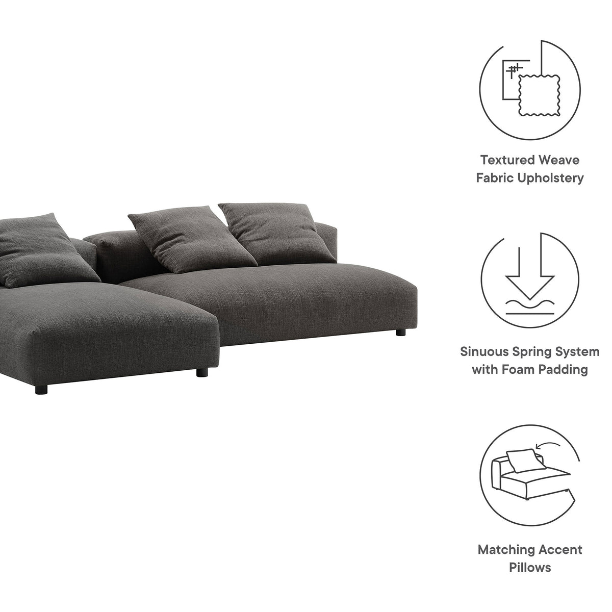 Charcoal sectional sofa with chaise and icons highlighting textured fabric, spring support, and accent pillows. || EEI-7025-CHA || callout_studio