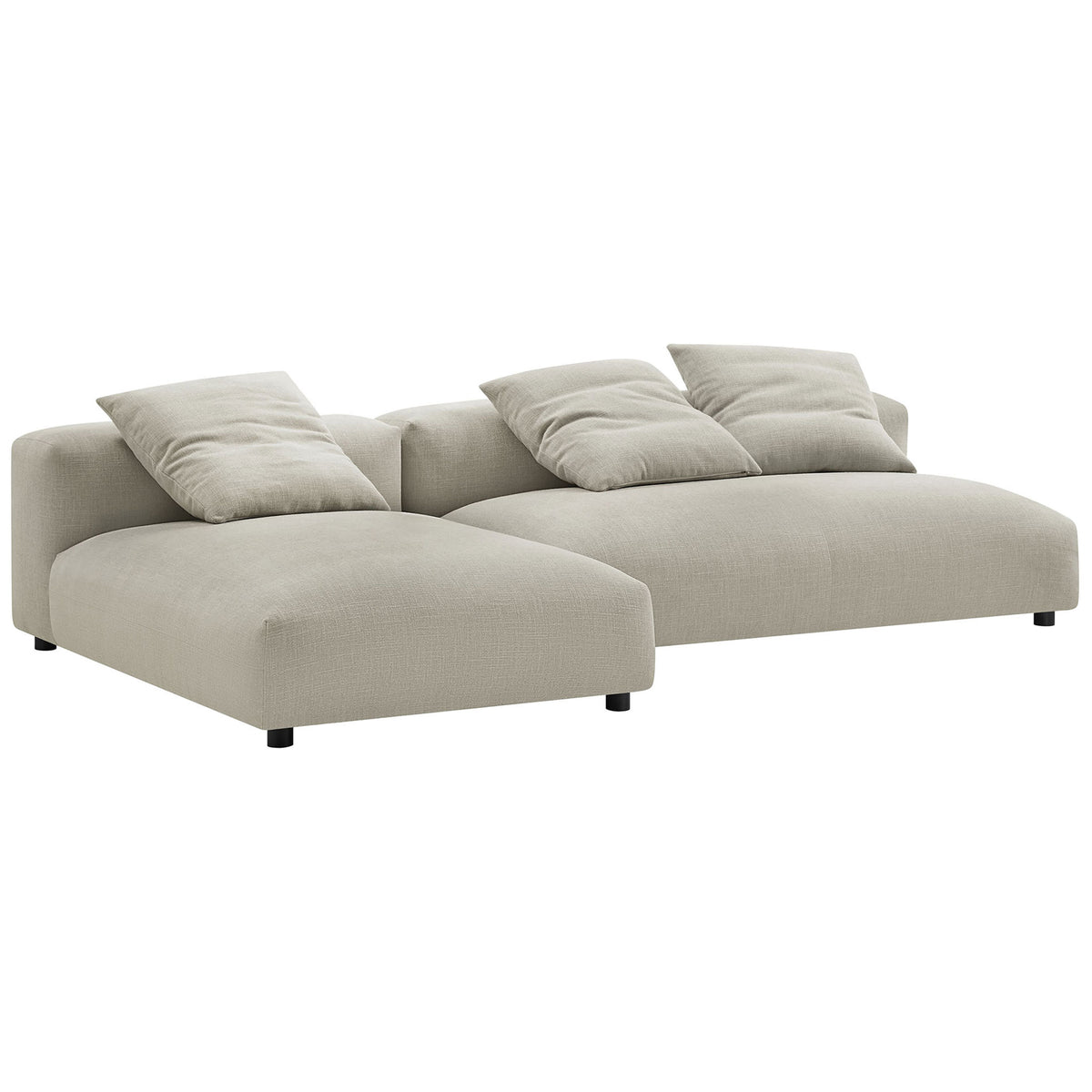 Low-profile linen modular sofa arranged as a spacious double chaise for casual comfort || EEI-7025-LIN || front_angle_studio