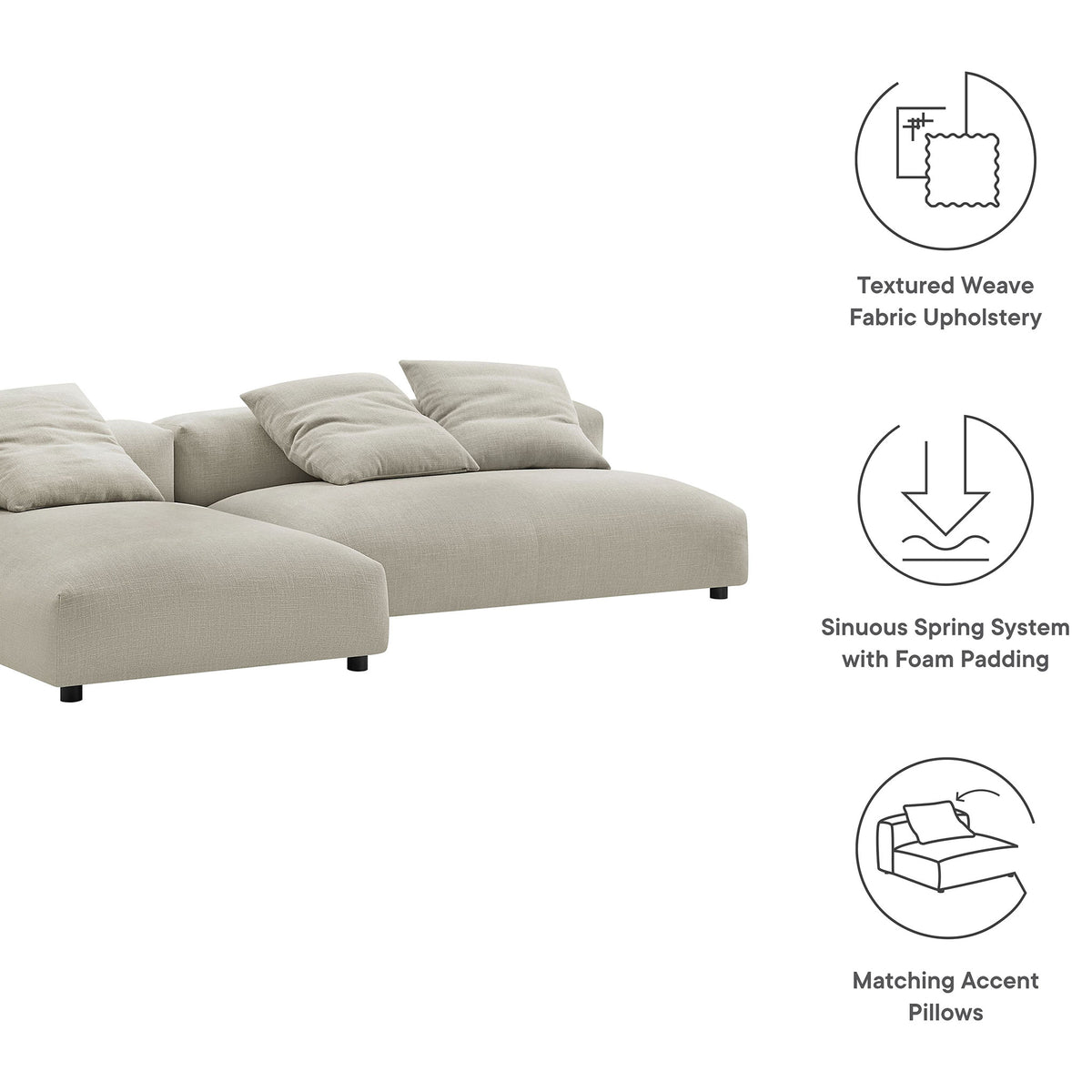 Feature graphic highlighting the linen modular sectional sofa with chaise, pillows, and spring support || EEI-7025-LIN || callout_studio