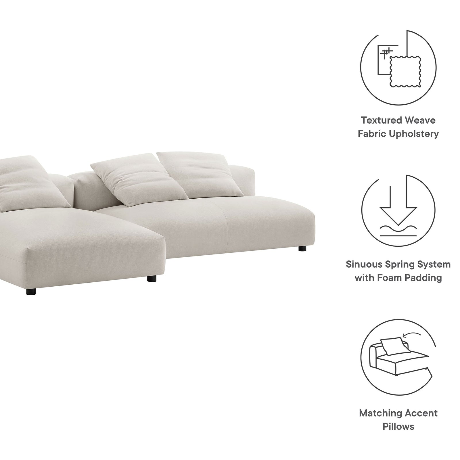 Salt fabric sectional with icons highlighting texture, support, and matching pillows || EEI-7025-SAL || callout_studio