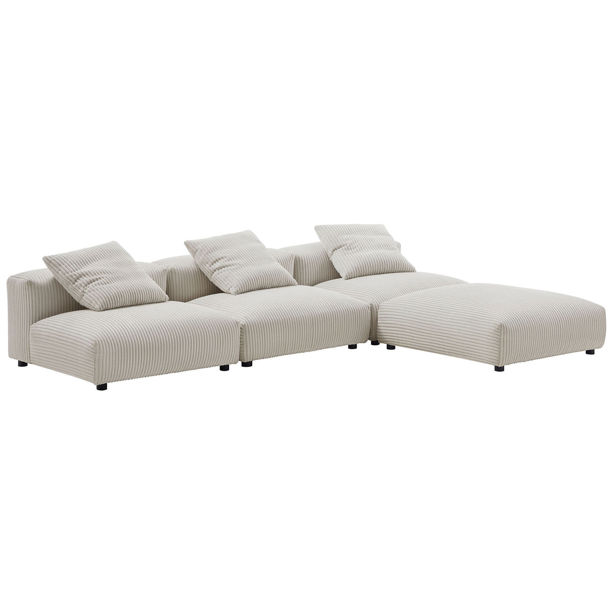 Solace almond corduroy modular sectional forming a spacious L shaped lounge with low profile design || EEI-7026-ALM || front_angle_studio