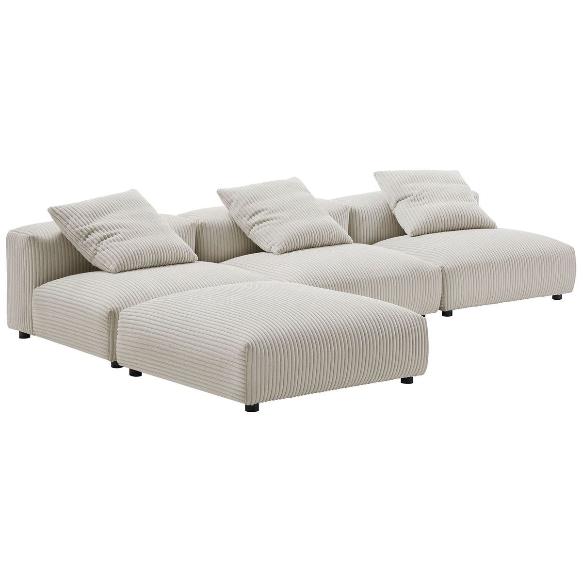 Solace almond corduroy modular sectional arranged as a deep double chaise layout for relaxed seating || EEI-7026-ALM || front_angle_studio