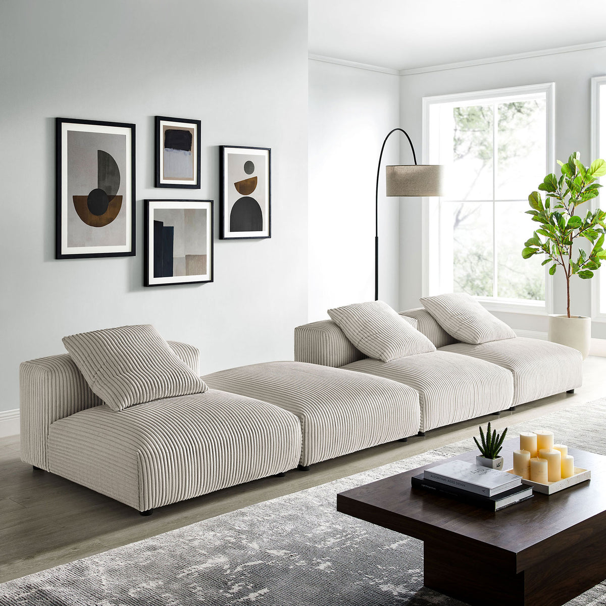 Solace almond corduroy sectional styled in a bright living room with modern decor and large windows || EEI-7026-ALM || front_angle_room