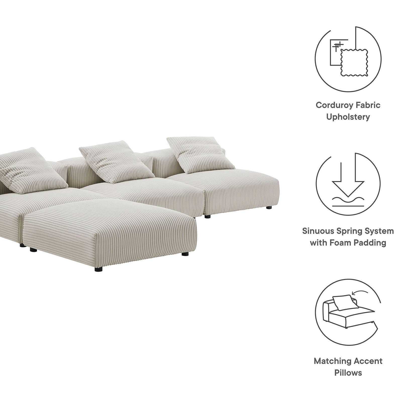 Solace almond corduroy sectional with sinuous spring support and matching accent pillows highlighted in icons || EEI-7026-ALM || callout_studio