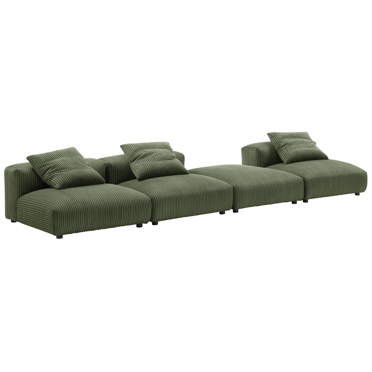 Low-profile fern corduroy sectional with three seats, ottoman, and plush accent pillows || EEI-7026-FRN || front_angle_studio