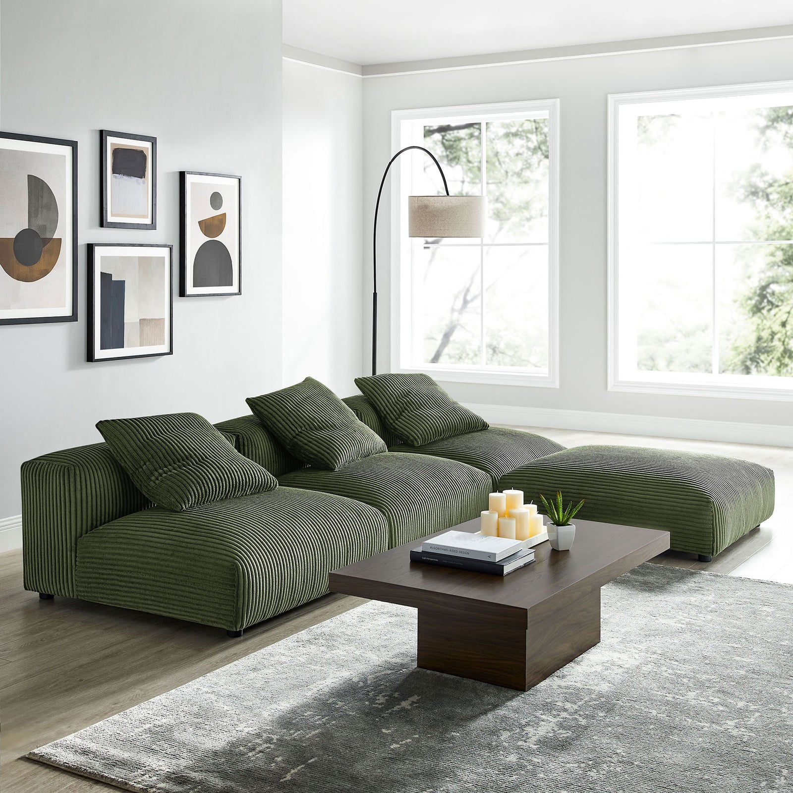 L-shaped fern corduroy sectional in a contemporary light-filled living room || EEI-7026-FRN || front_angle_room