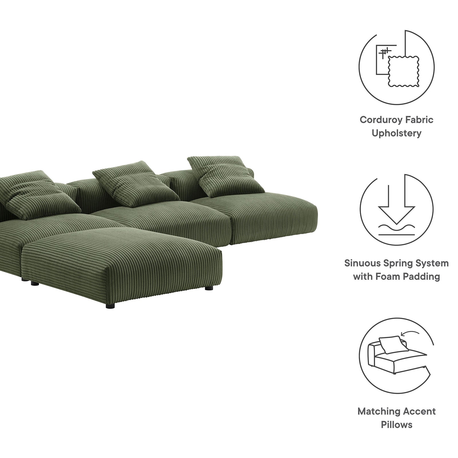 Feature callouts for corduroy upholstery, spring support, and matching pillows || EEI-7026-FRN || callout_studio