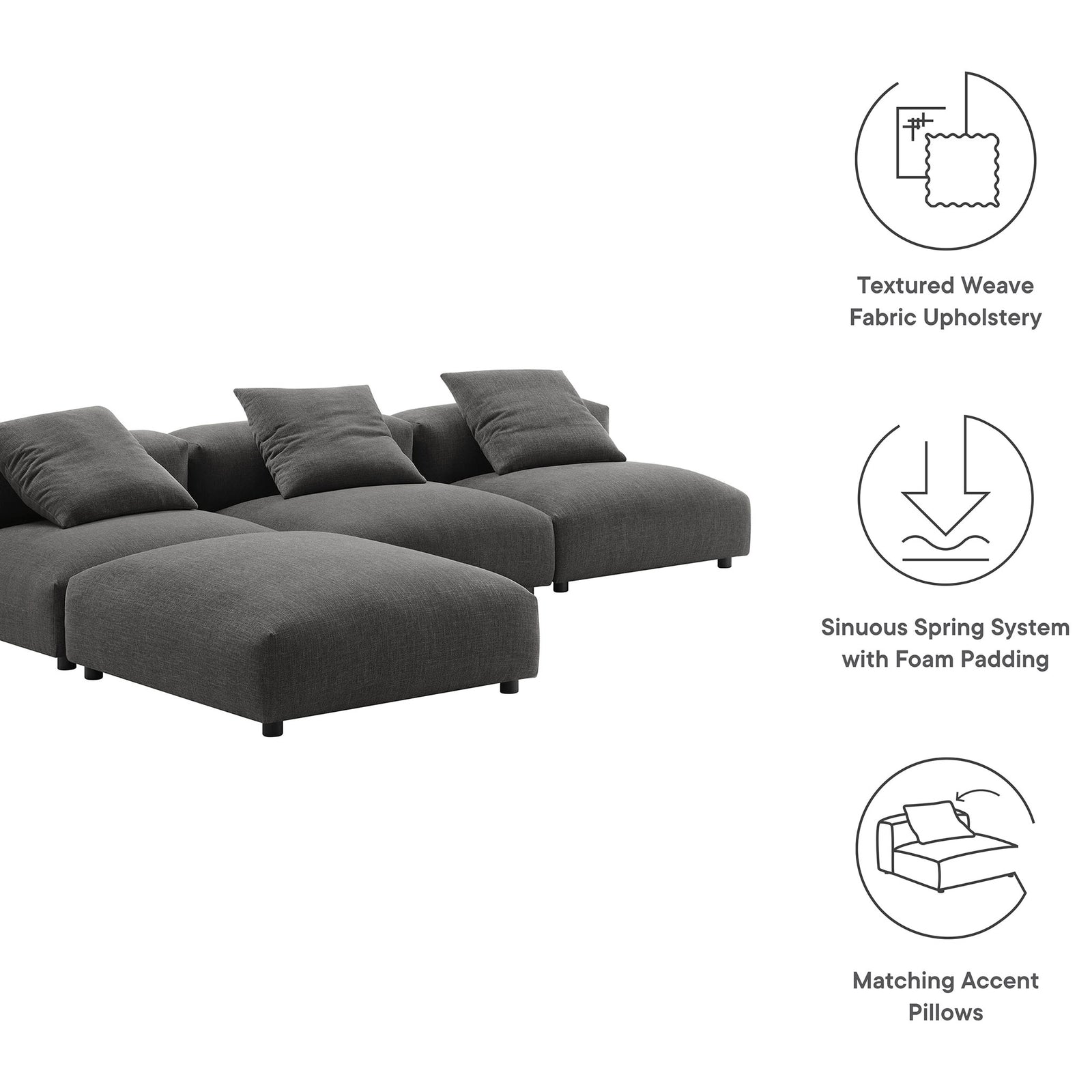 Feature icons for the Solace charcoal modular sectional showing textured fabric, spring support, and accent pillows || EEI-7027-CHA || callout_studio
