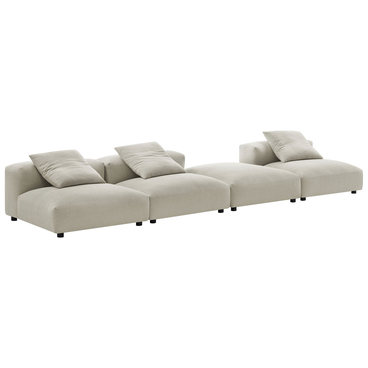 Linen modular sectional sofa with low profile seats and plush cushions in a straight four-piece layout || EEI-7027-LIN || front_angle_studio