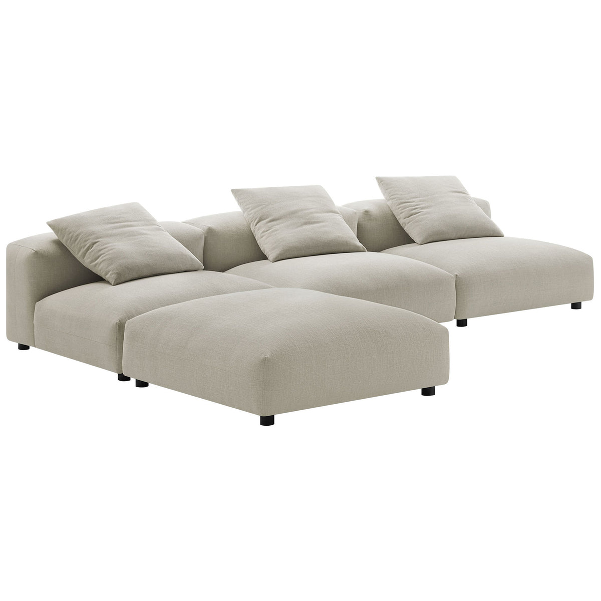 Versatile linen sectional with chaise-style modular pieces creating a relaxed, lounge-friendly seating arrangement || EEI-7027-LIN || front_angle_studio