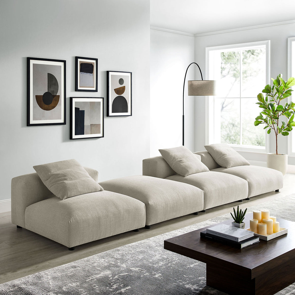 Modern living room featuring the linen modular sectional sofa with four plush seats and loose back pillows || EEI-7027-LIN || front_angle_room