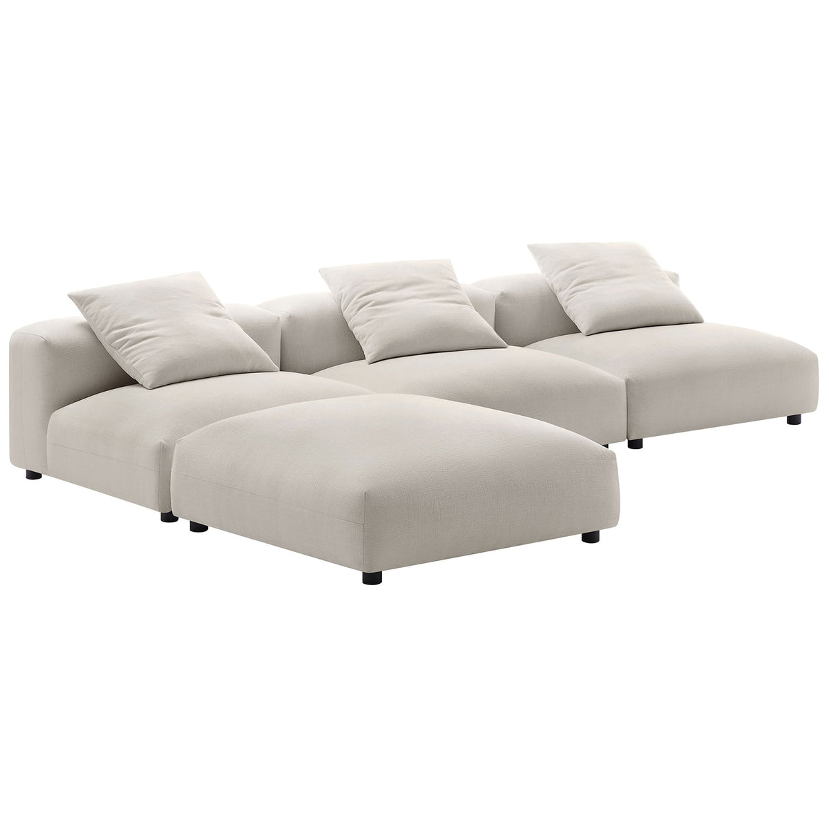 Versatile modular sectional with ottoman extension creating a chaise-style lounge in soft salt upholstery || EEI-7027-SAL || front_angle_studio