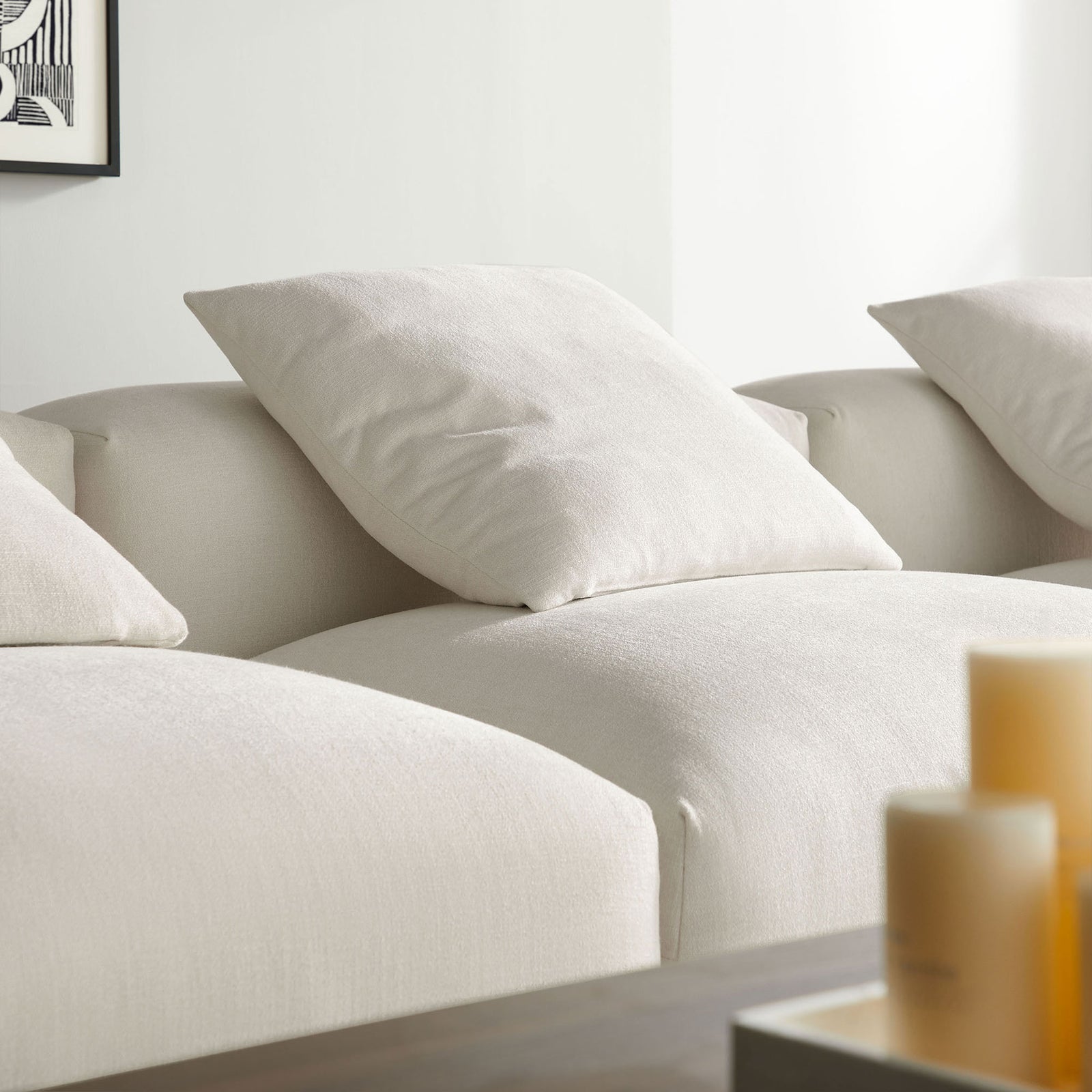 Plush salt fabric cushions emphasize the deep seating and subtly textured upholstery || EEI-7027-SAL || detail_room
