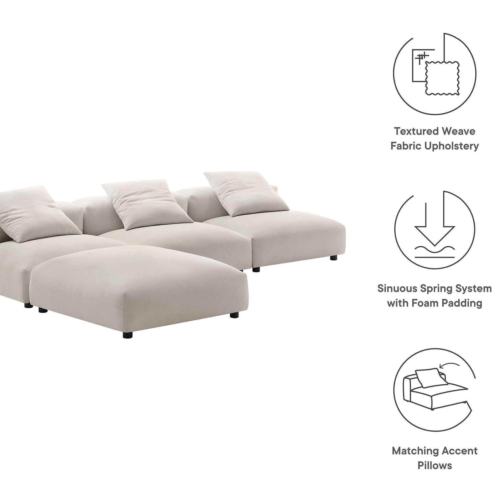 Feature graphic showing textured weave upholstery, spring and foam support, and matching accent pillows || EEI-7027-SAL || callout_studio