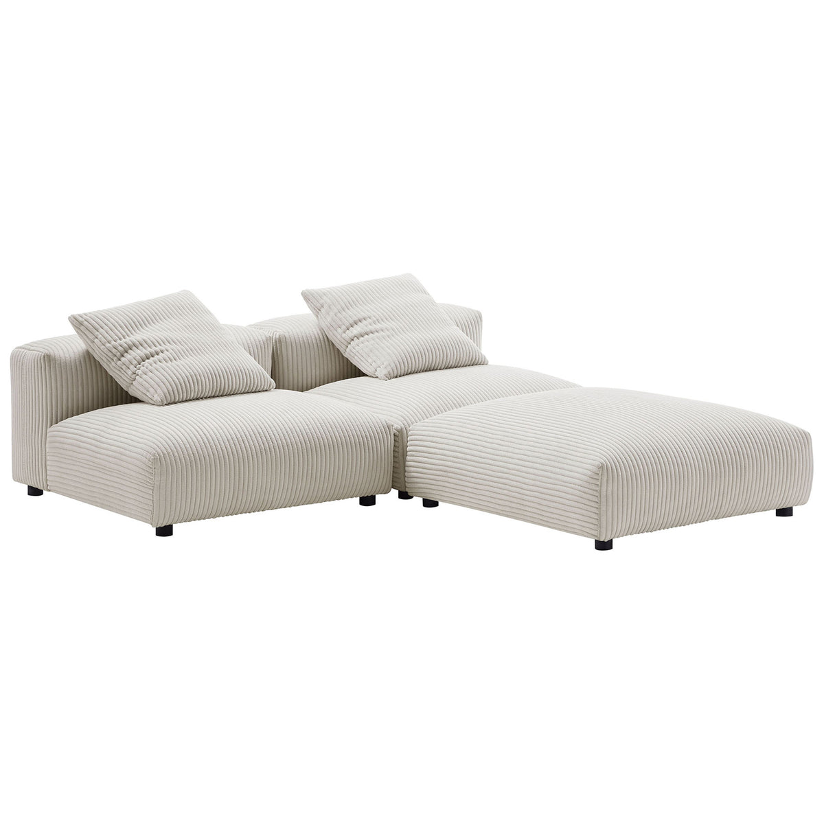 L-shaped almond corduroy sectional with chaise-style comfort and cozy modular cushions || EEI-7028-ALM || front_angle_studio