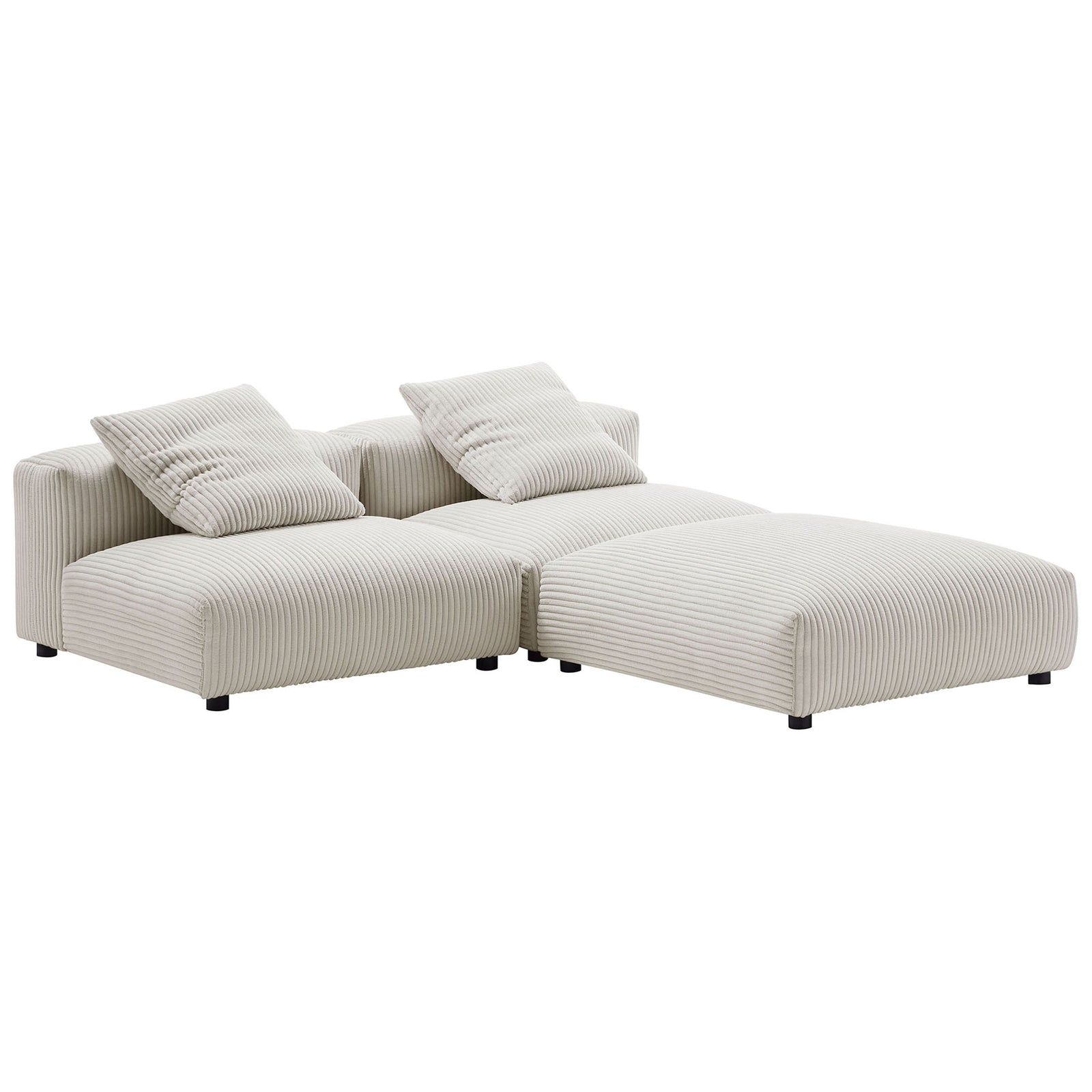 L-shaped almond corduroy sectional with chaise-style comfort and cozy modular cushions || EEI-7028-ALM || front_angle_studio
