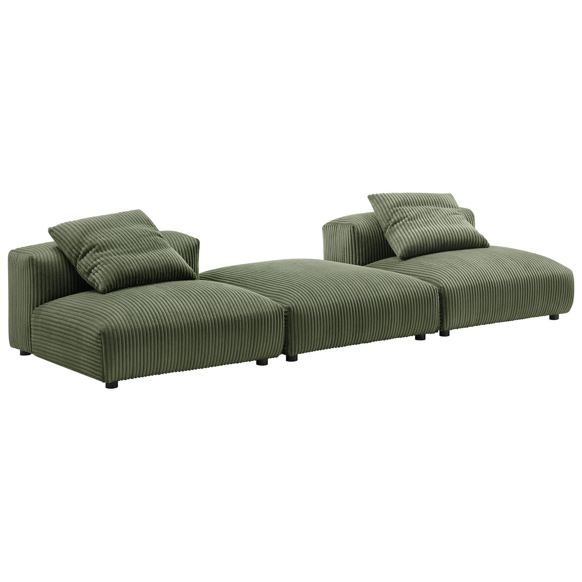 Three-piece fern corduroy modular sectional stretched out in a low, lounge-style configuration with accent pillows. || EEI-7028-FRN || front_angle_studio