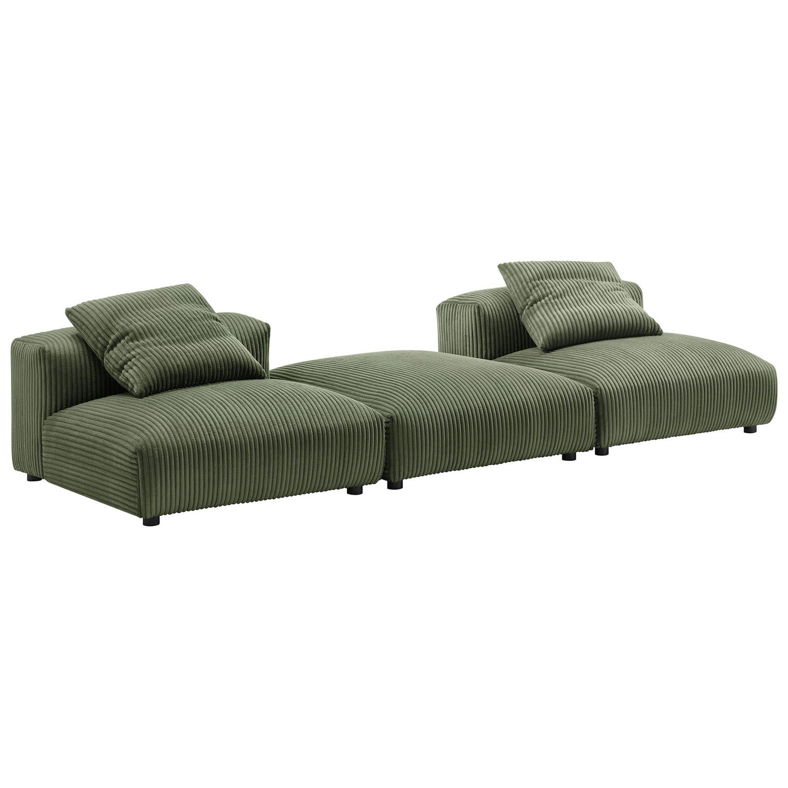 Three-piece fern corduroy modular sectional stretched out in a low, lounge-style configuration with accent pillows. || EEI-7028-FRN || front_angle_studio