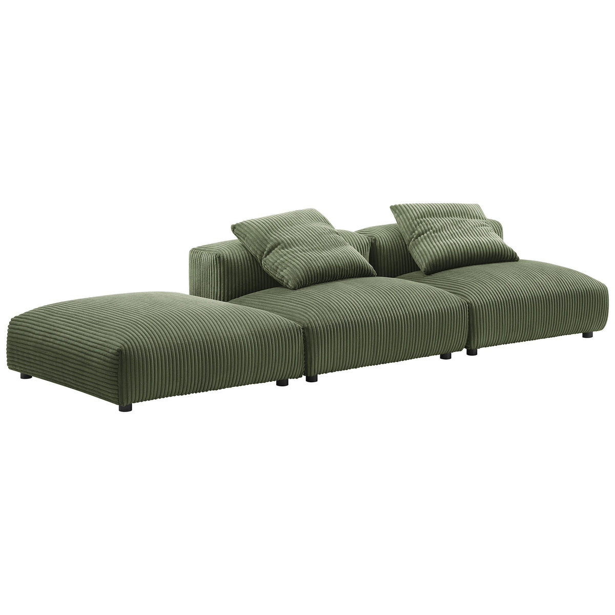 Fern corduroy sectional showcasing wide channel texture and deep cushioned seats across all three pieces. || EEI-7028-FRN || front_angle_studio