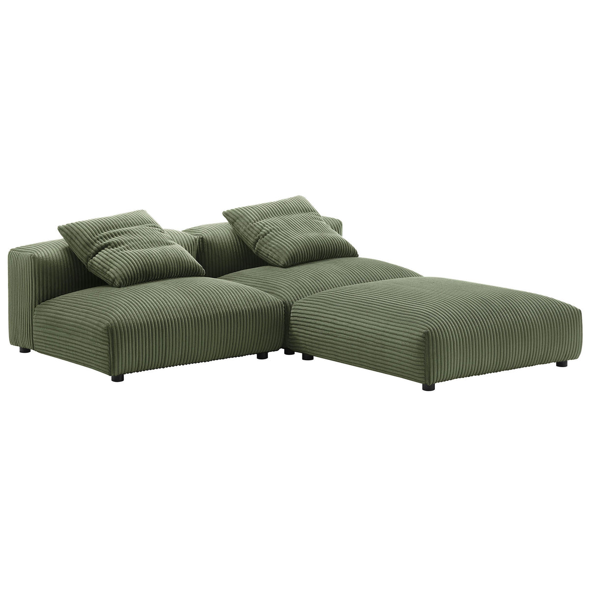 Fern green modular sectional configured in an L-shape with two backed seats and a spacious ottoman. || EEI-7028-FRN || front_angle_studio