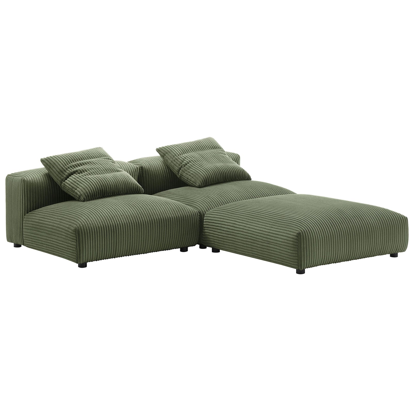 Fern green modular sectional configured in an L-shape with two backed seats and a spacious ottoman. || EEI-7028-FRN || front_angle_studio