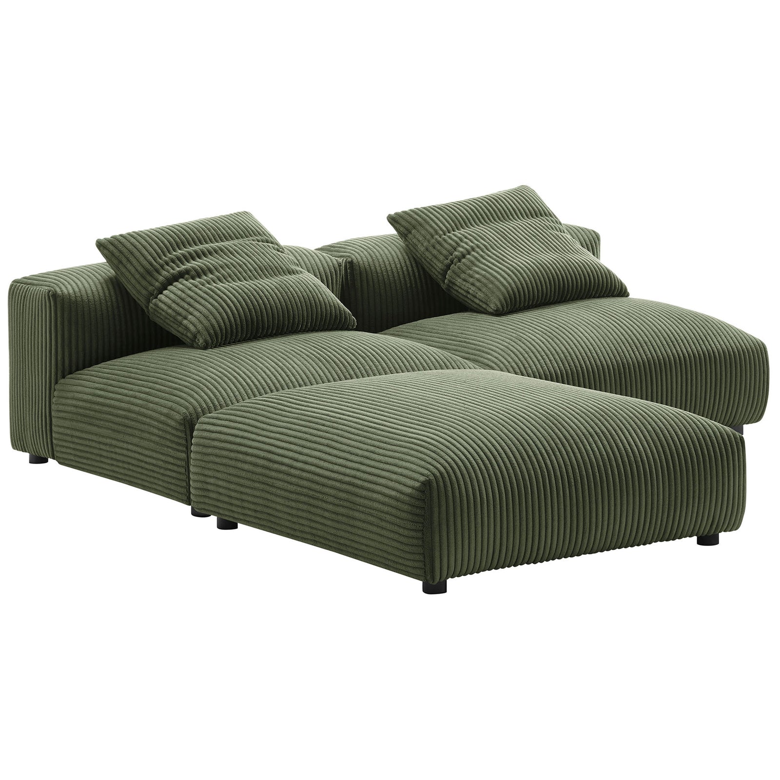 Compact L-shaped fern corduroy sectional featuring an oversized chaise-style ottoman and cozy back cushions. || EEI-7028-FRN || front_angle_studio