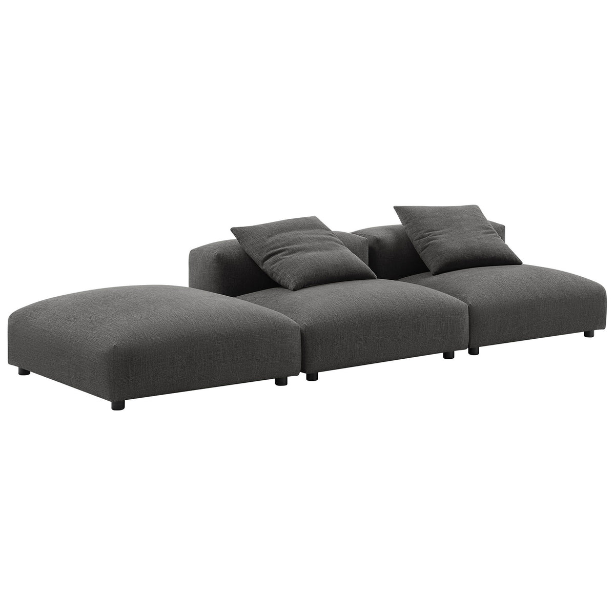 Charcoal three-piece modular sofa arranged for relaxed lounging with soft, overstuffed cushions || EEI-7029-CHA || front_angle_studio