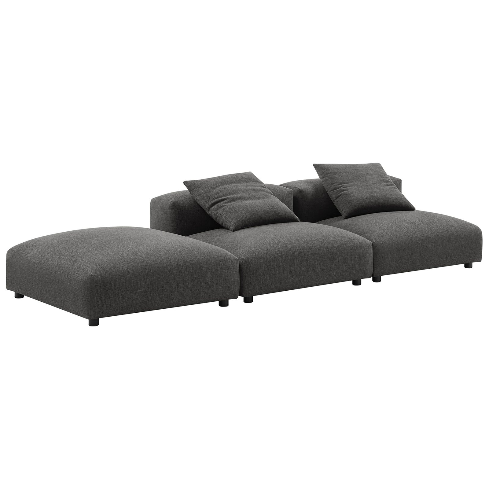 Charcoal three-piece modular sofa arranged for relaxed lounging with soft, overstuffed cushions || EEI-7029-CHA || front_angle_studio