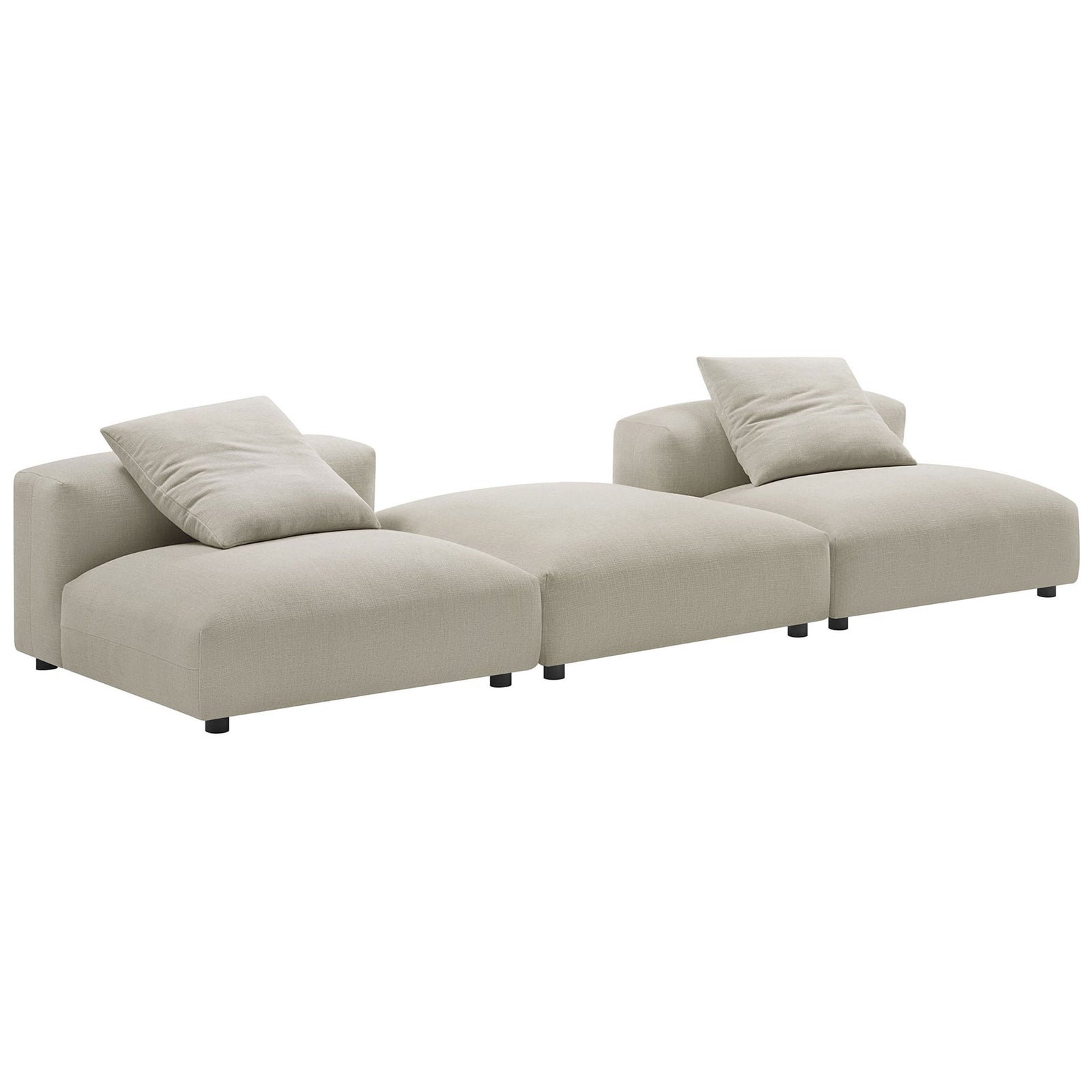 Three piece linen modular sectional with deep cushions and two loose accent pillows || EEI-7029-LIN || front_angle_studio