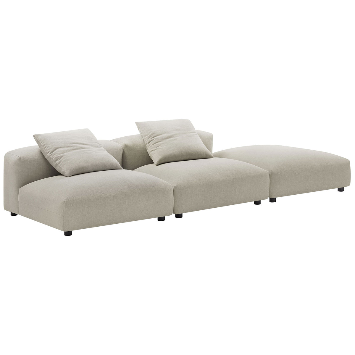 Modular linen sectional sofa with wide, low profile seats and coordinating throw pillows || EEI-7029-LIN || front_angle_studio